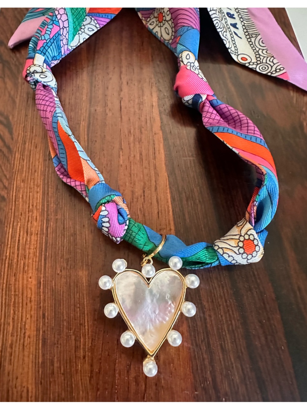 Silky Scarf Necklace w/ Removable Heart Charm Pearl Detail Paris Print